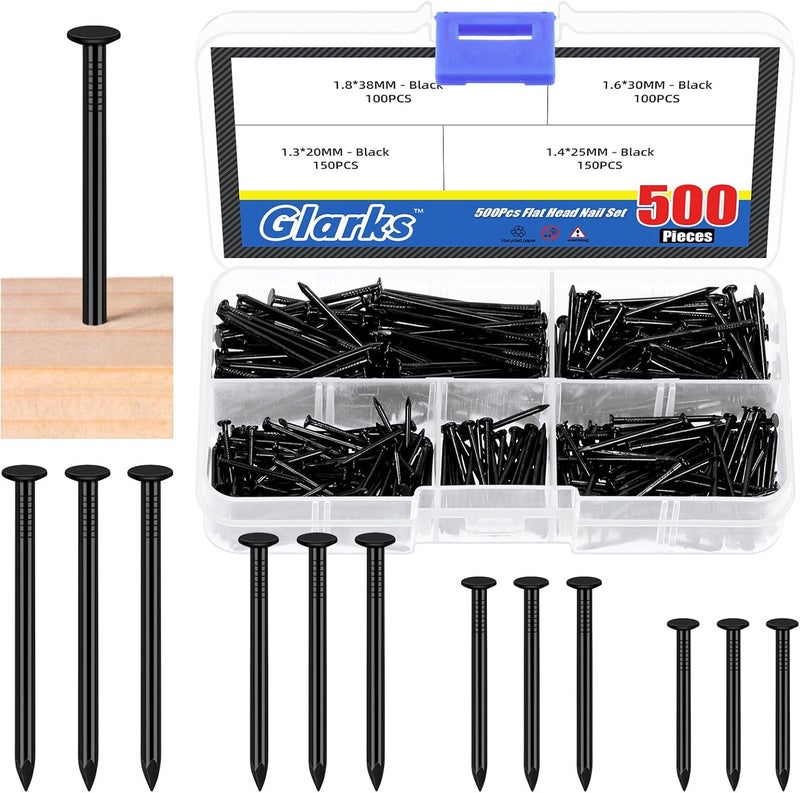 Glarks 500pcs 3/4’’ 1’’ 1-3/16’’ 1-1/2’’ Length Nail Assortment Kit, Black Hanging Nails, Finishing Nails, Wall Nails, Wood Nails, Common Nails, Hardware Nails for Picture Wall Hanging - Image 1